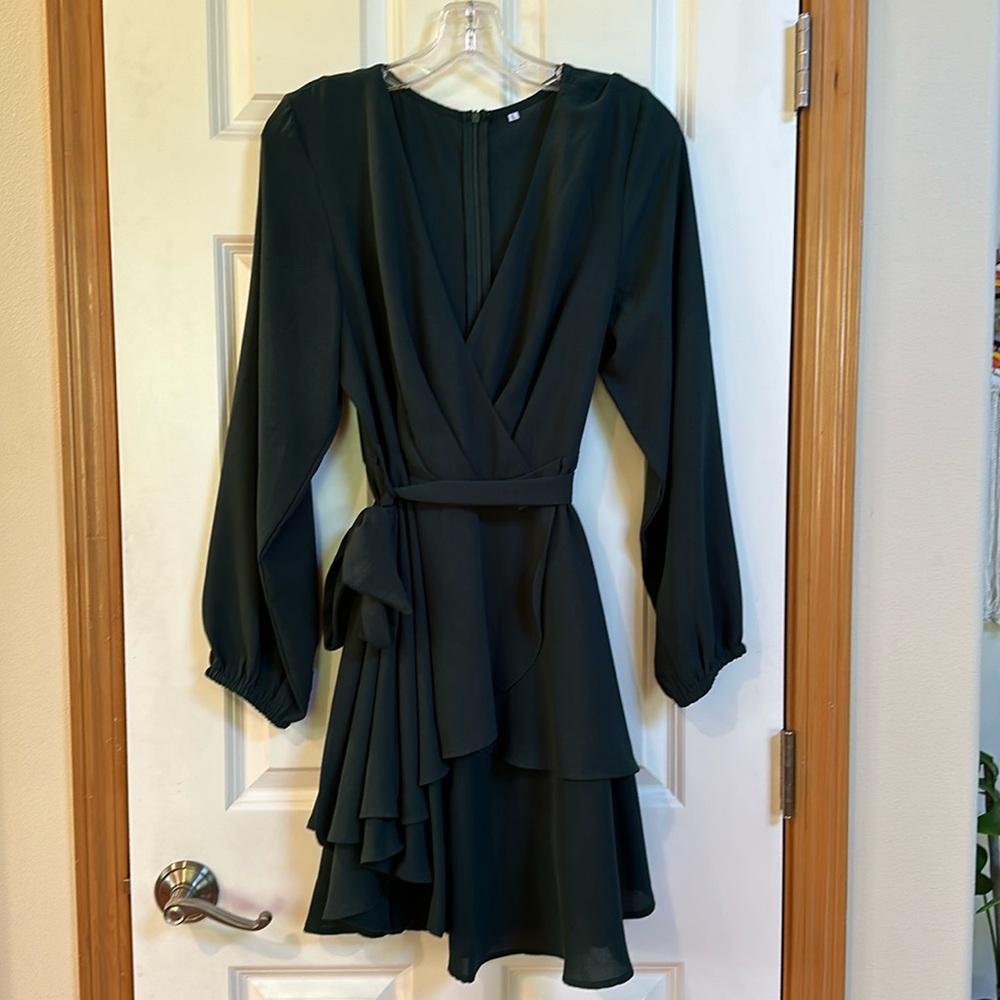 Hunter green l/s mini dress faux wrap